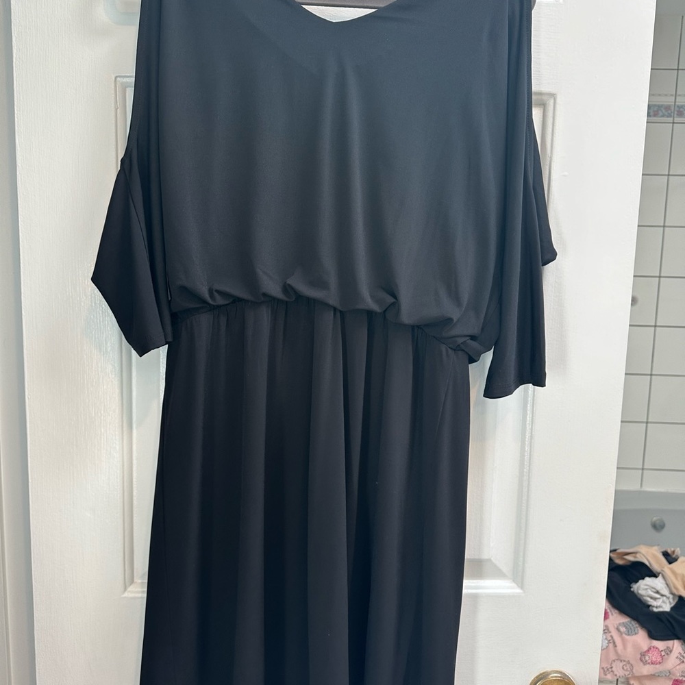 INC international concepts black open shoulder dress with gold accents size M